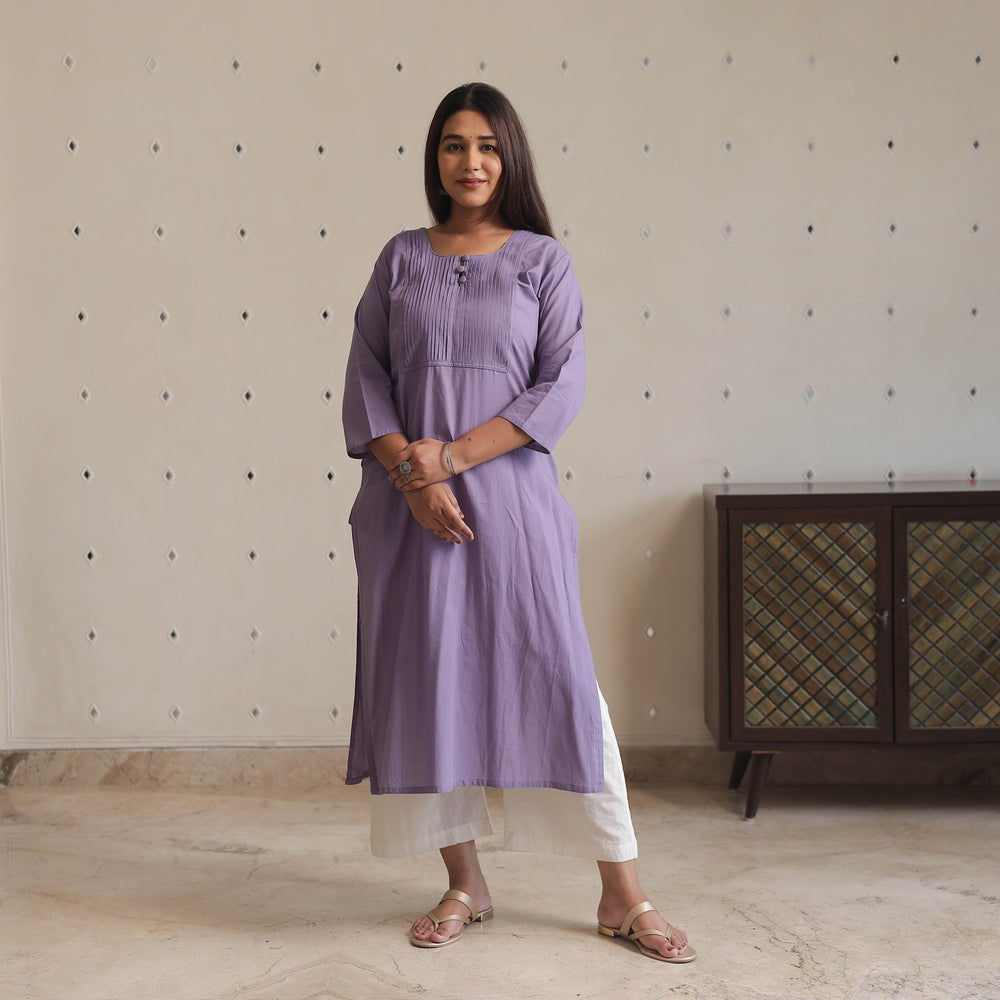 Light Purple - Plain Cotton Long Straight Kurta