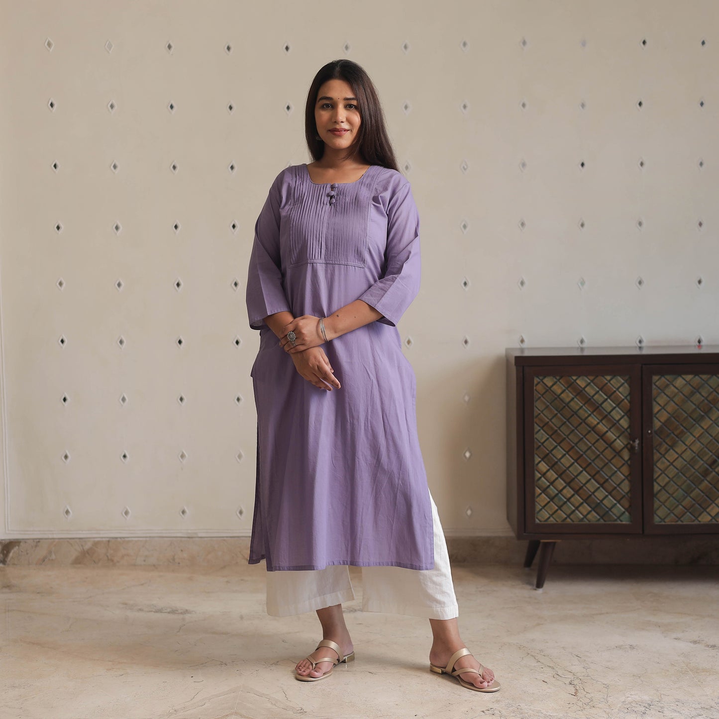 Light Purple - Plain Cotton Long Straight Kurta