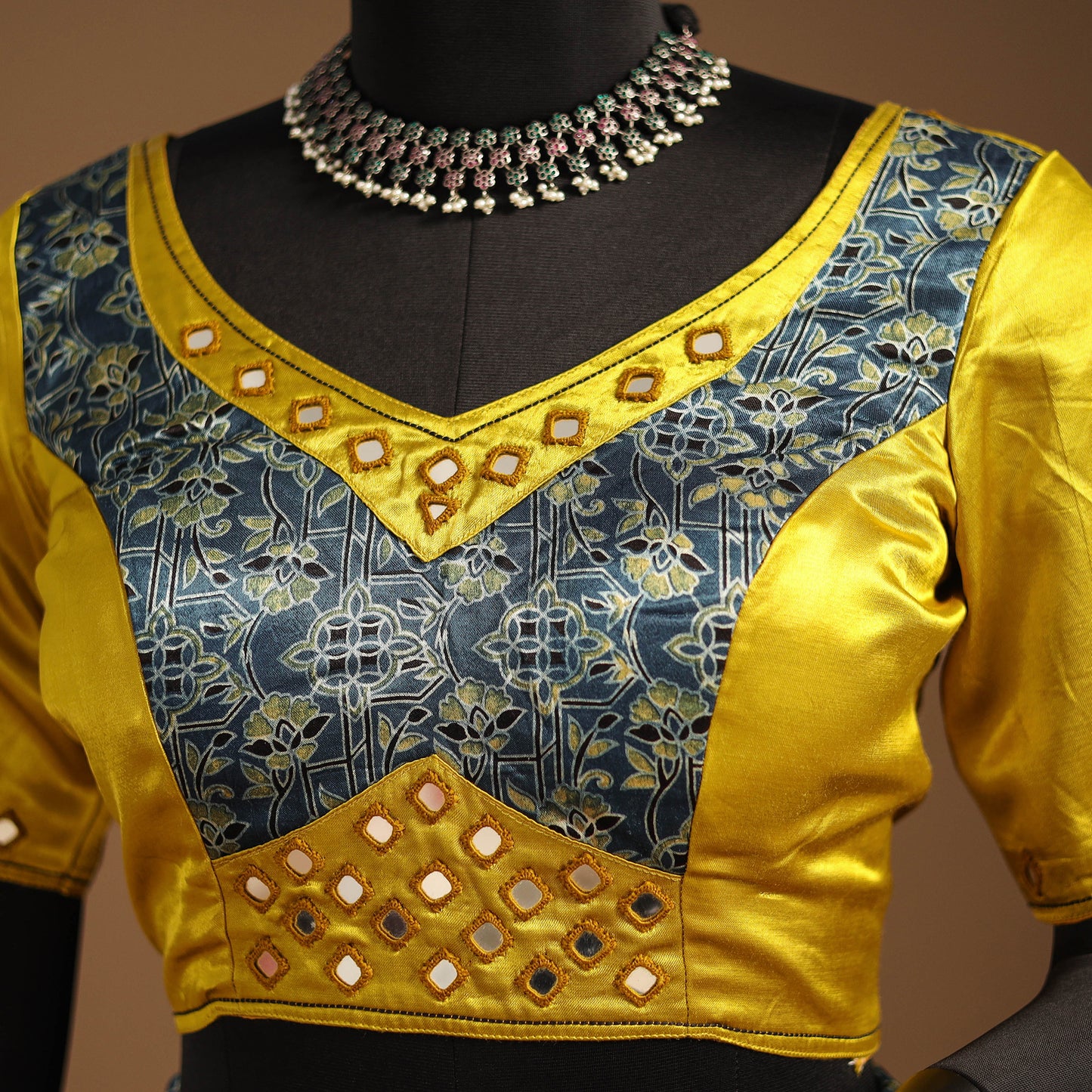Yellow Navratri Garba Chaniya Choli Set in Mashru Silk with Ajrakh Patch