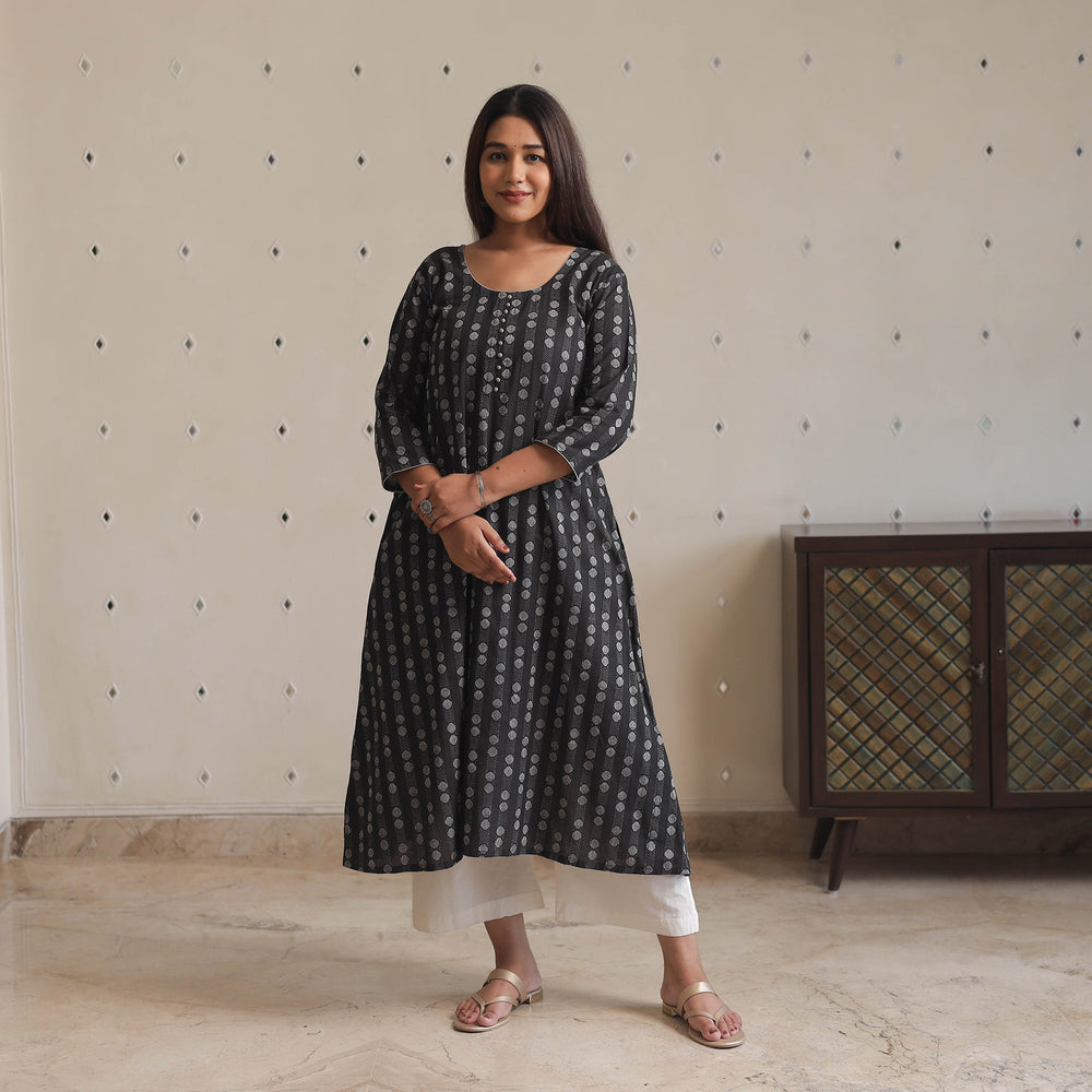 Black - Jacquard Cotton Long Kurta