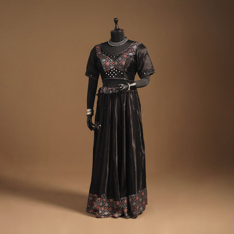 Brown Navratri Garba Chaniya Choli Set in Mashru Silk with Ajrakh Patch