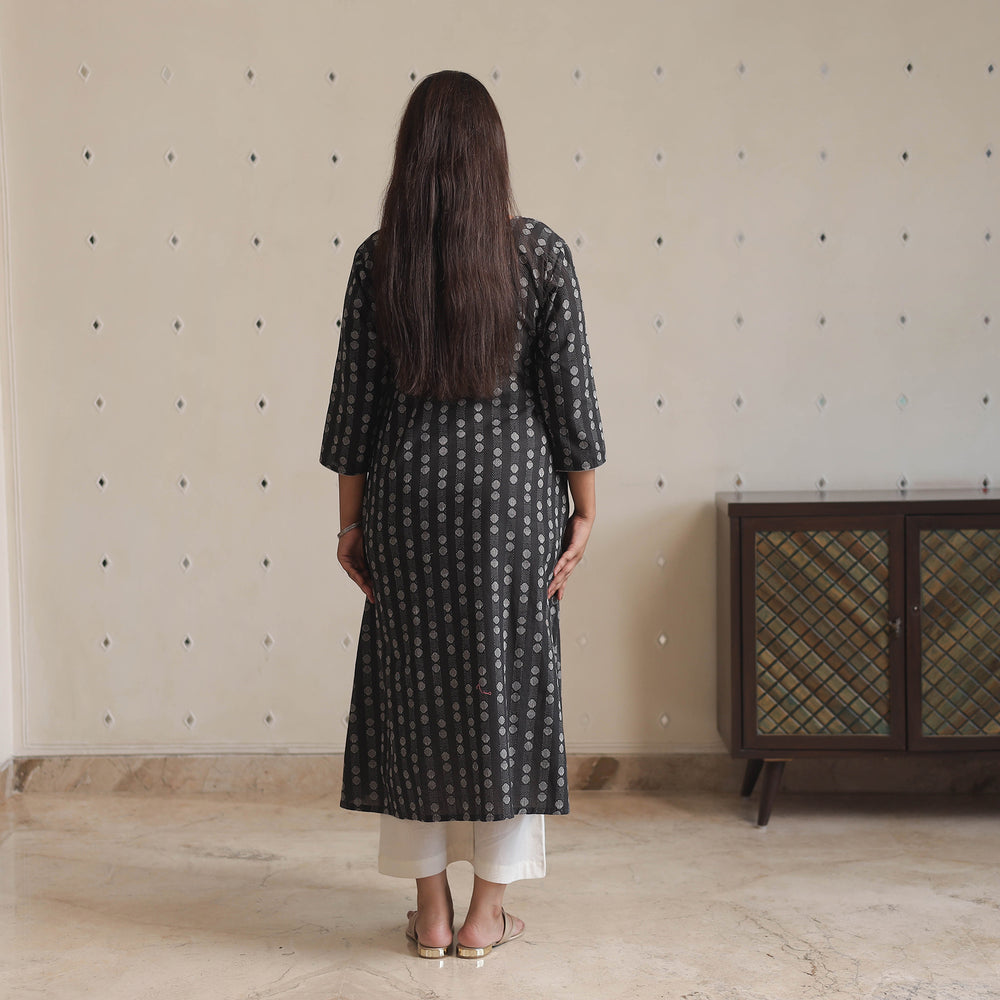 Black - Jacquard Cotton Long Kurta