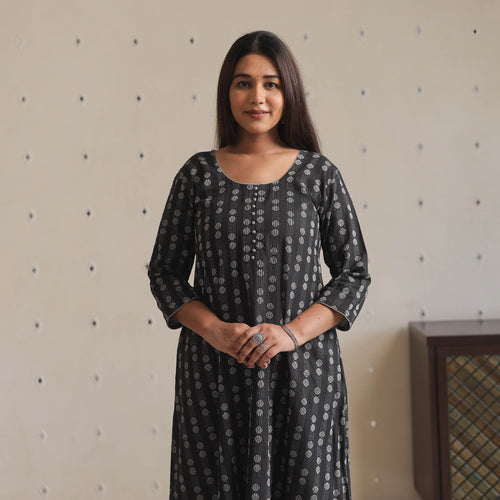 Black - Jacquard Cotton Long Kurta