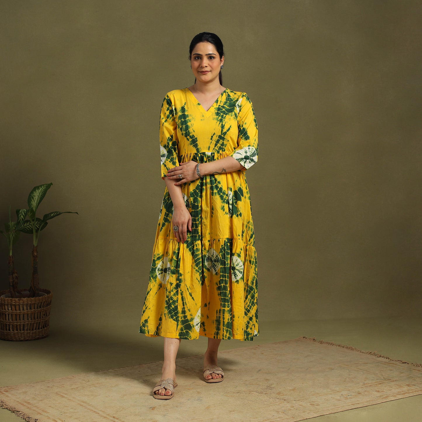 Yellow Tie-Dye Cotton Tiered Shibori Dress