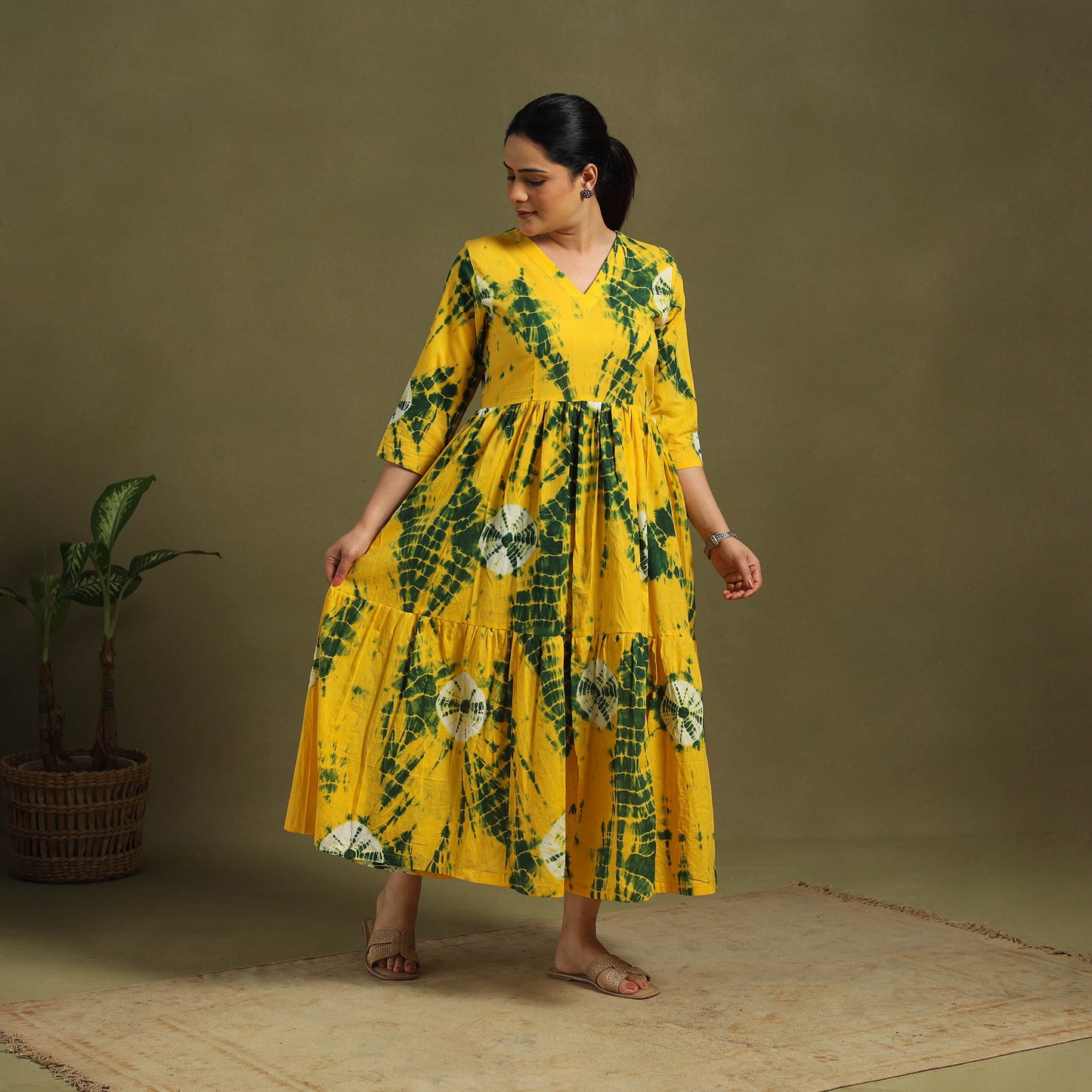 Yellow Tie-Dye Cotton Tiered Shibori Dress