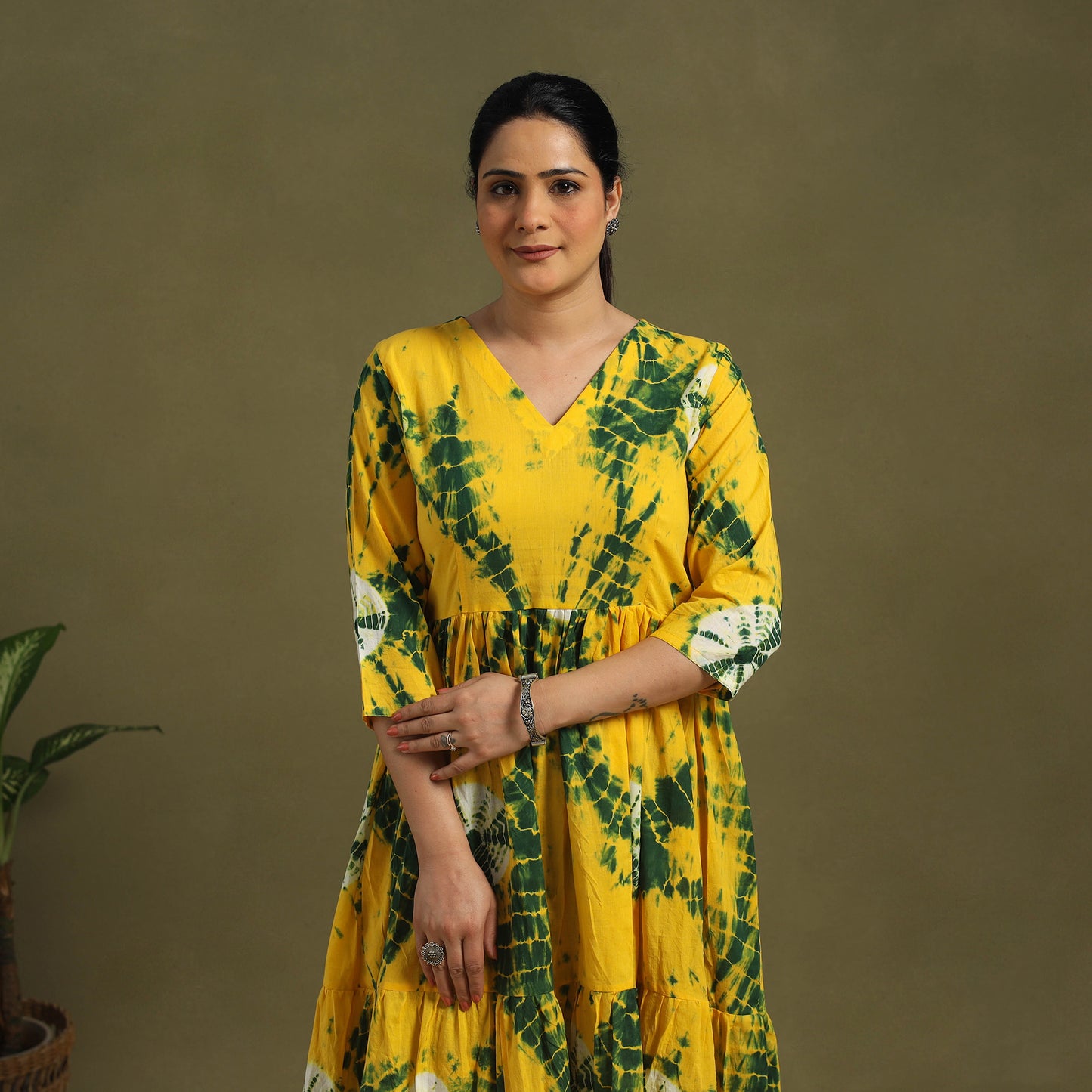 Yellow Tie-Dye Cotton Tiered Shibori Dress