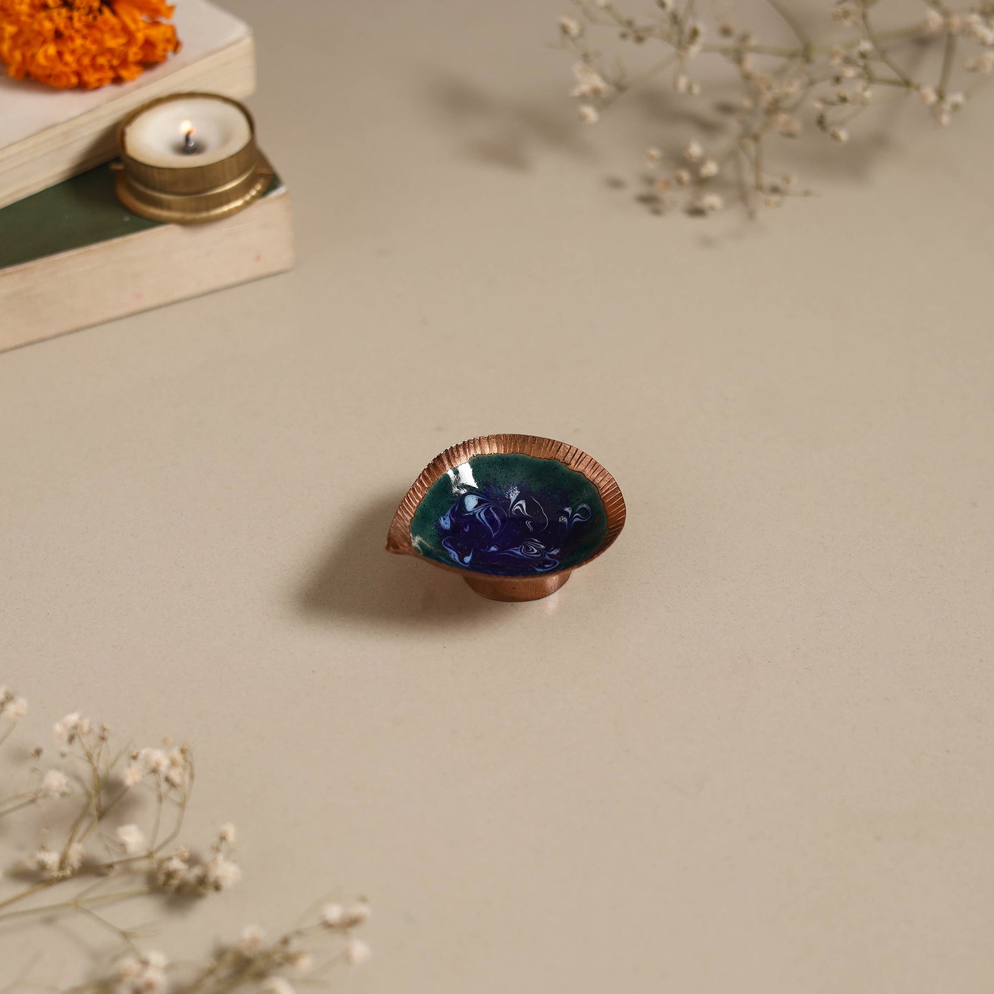 Copper hand-hammered enamel work diya 05 - handcrafted