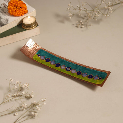 Copper hand-hammered enamel work agarbatti stand 02
