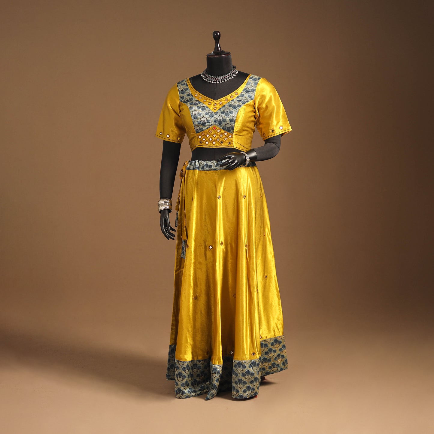 Yellow Navratri Garba Chaniya Choli Set in Mashru Silk with Ajrakh Patch