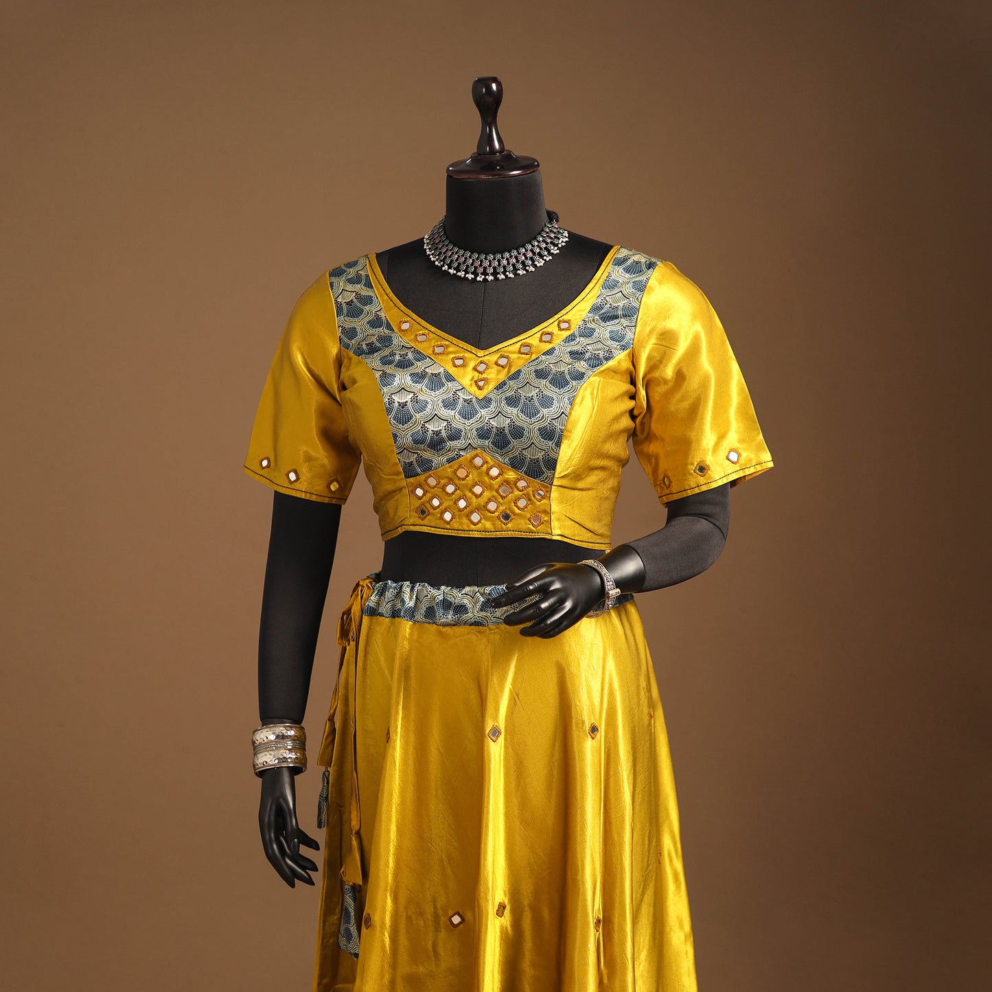 Yellow Navratri Garba Chaniya Choli Set in Mashru Silk with Ajrakh Patch