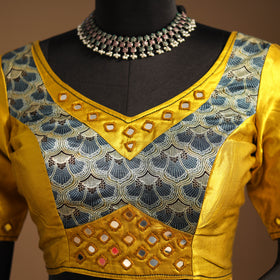 Yellow Navratri Garba Chaniya Choli Set in Mashru Silk with Ajrakh Patch