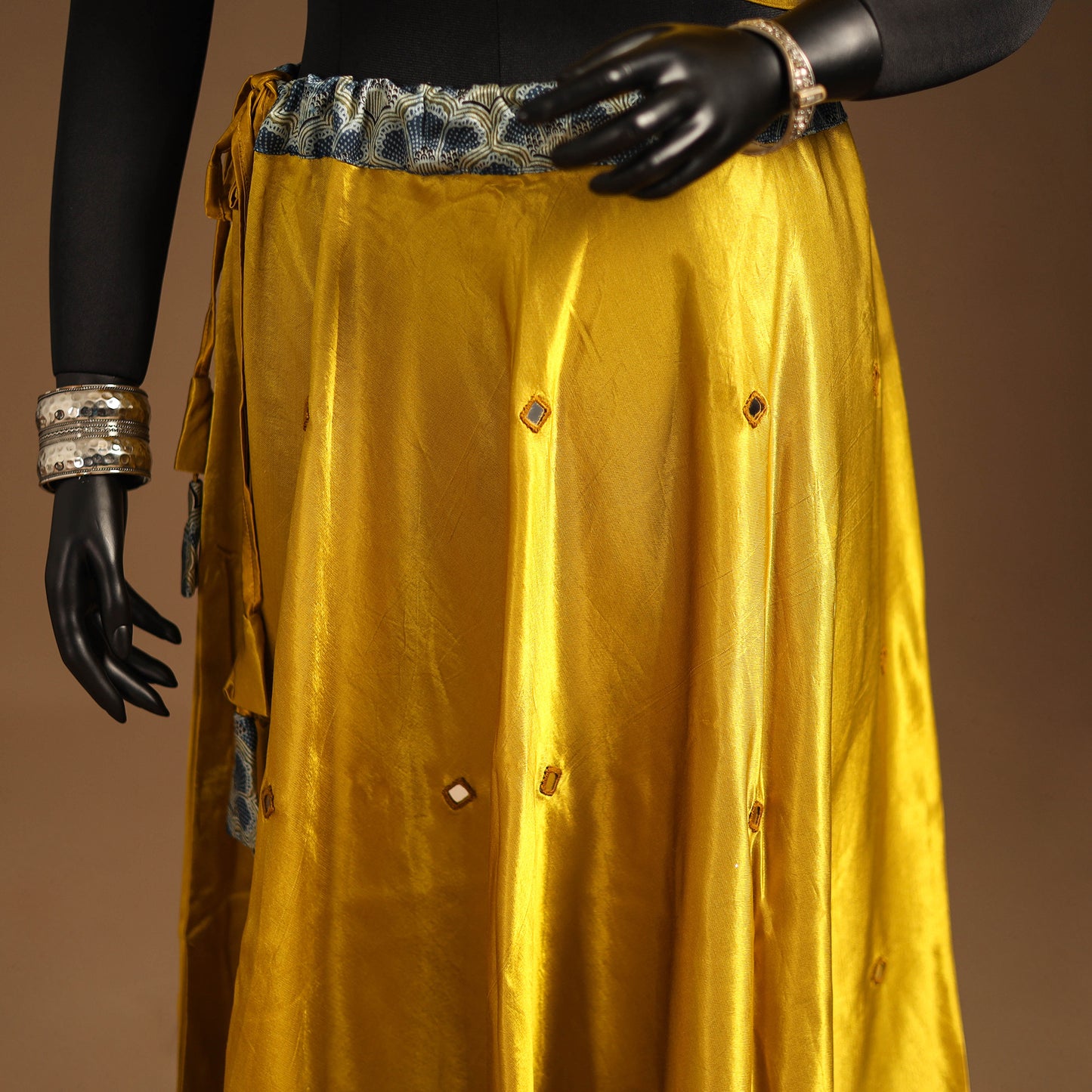 Yellow Navratri Garba Chaniya Choli Set in Mashru Silk with Ajrakh Patch