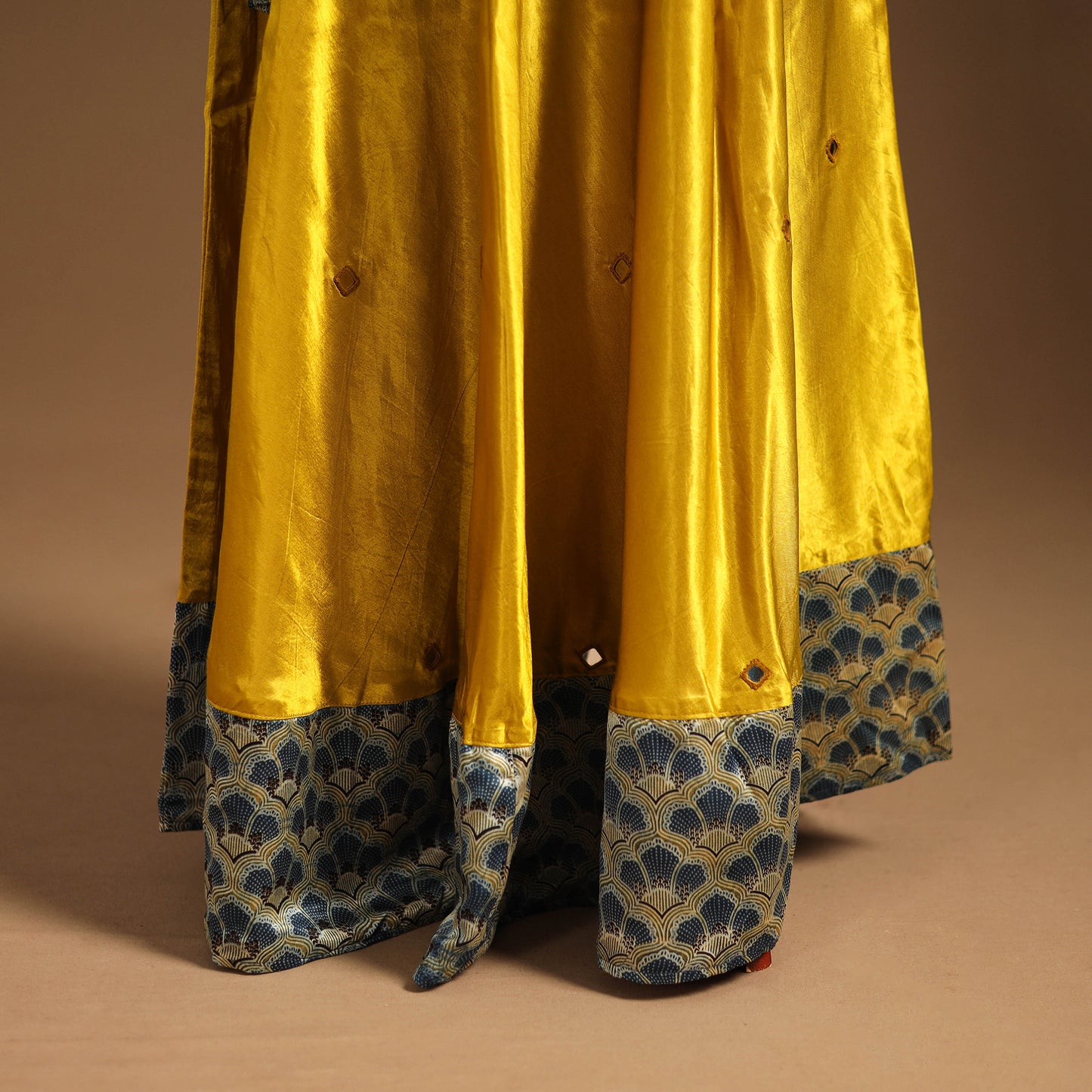 Yellow Navratri Garba Chaniya Choli Set in Mashru Silk with Ajrakh Patch