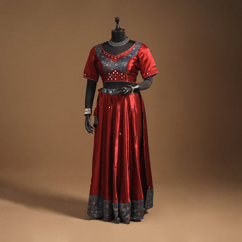 Red Navratri Garba Chaniya Choli Set in Mashru Silk with Ajrakh Patch