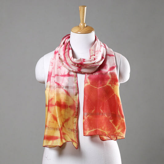 Multicolor - Shibori Tie-Dye Chanderi Silk Handloom Stole with Zari Border