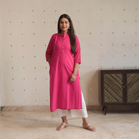 Pink - Mulmalai Cotton Plain Dyed Straight Kurta