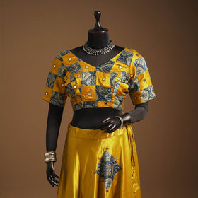 Yellow Navratri Garba Chaniya Choli Set in Mashru Silk with Ajrakh Patch