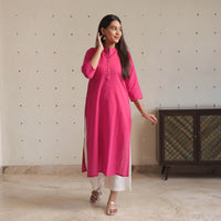 Pink - Mulmalai Cotton Plain Dyed Straight Kurta