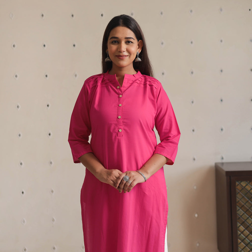 Pink - Mulmalai Cotton Plain Dyed Straight Kurta