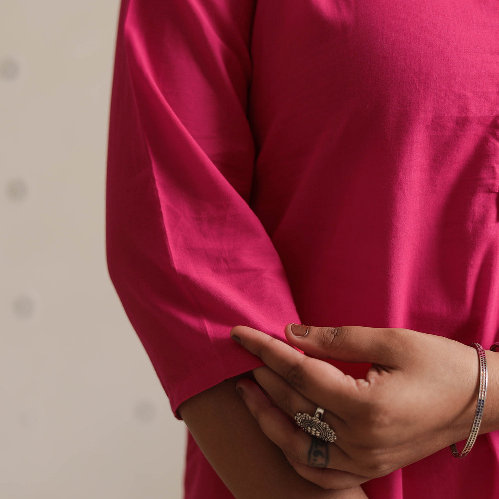 Pink - Mulmalai Cotton Plain Dyed Straight Kurta