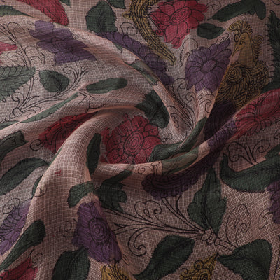 Beige - Srikalahasti Pen Work Natural Dyed Handpainted Kalamkari Kota Doria Silk Fabric 01
