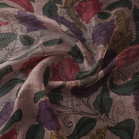 Beige - Srikalahasti Pen Work Natural Dyed Handpainted Kalamkari Kota Doria Silk Fabric 01