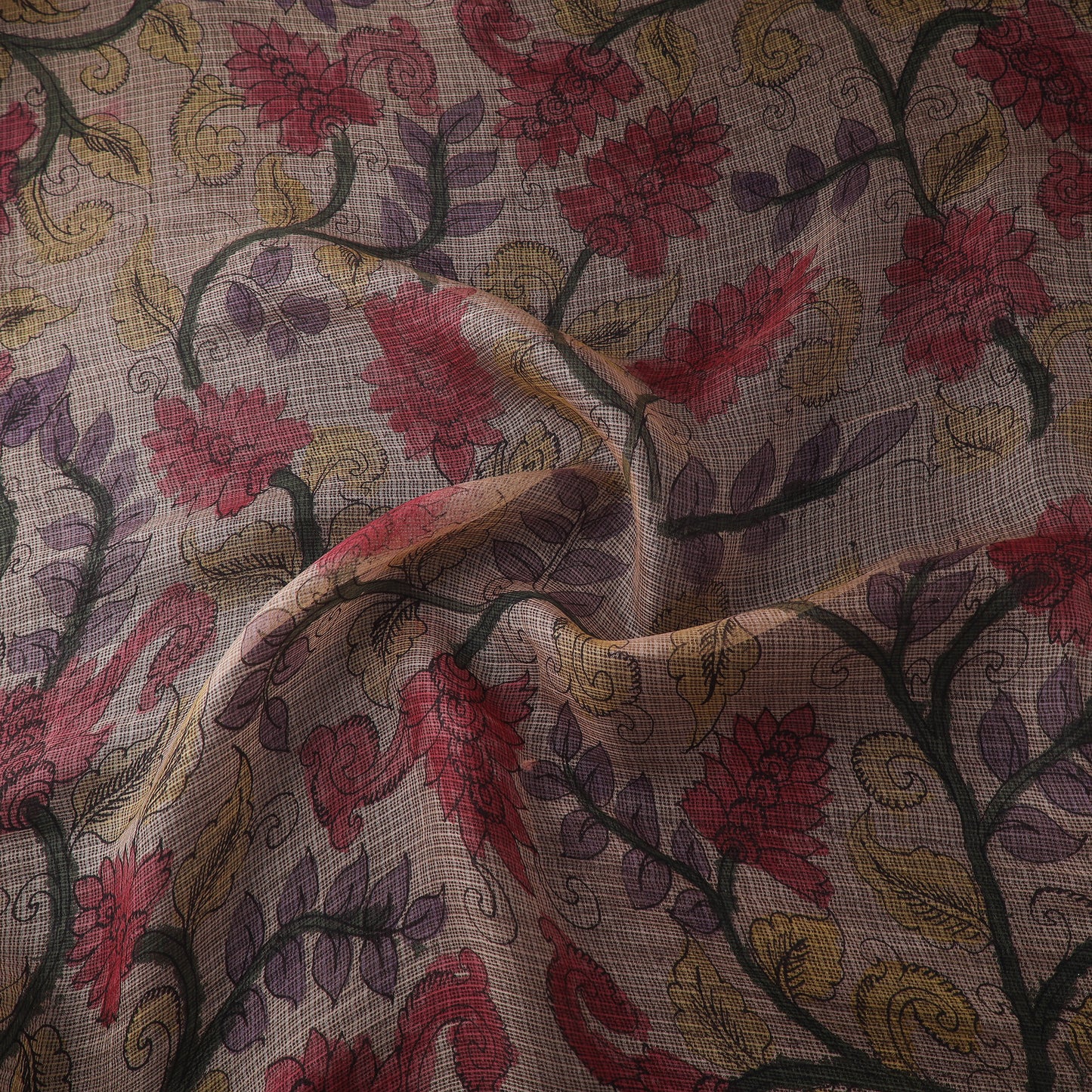Beige - Srikalahasti Pen Work Natural Dyed Handpainted Kalamkari Kota Doria Silk Fabric 02
