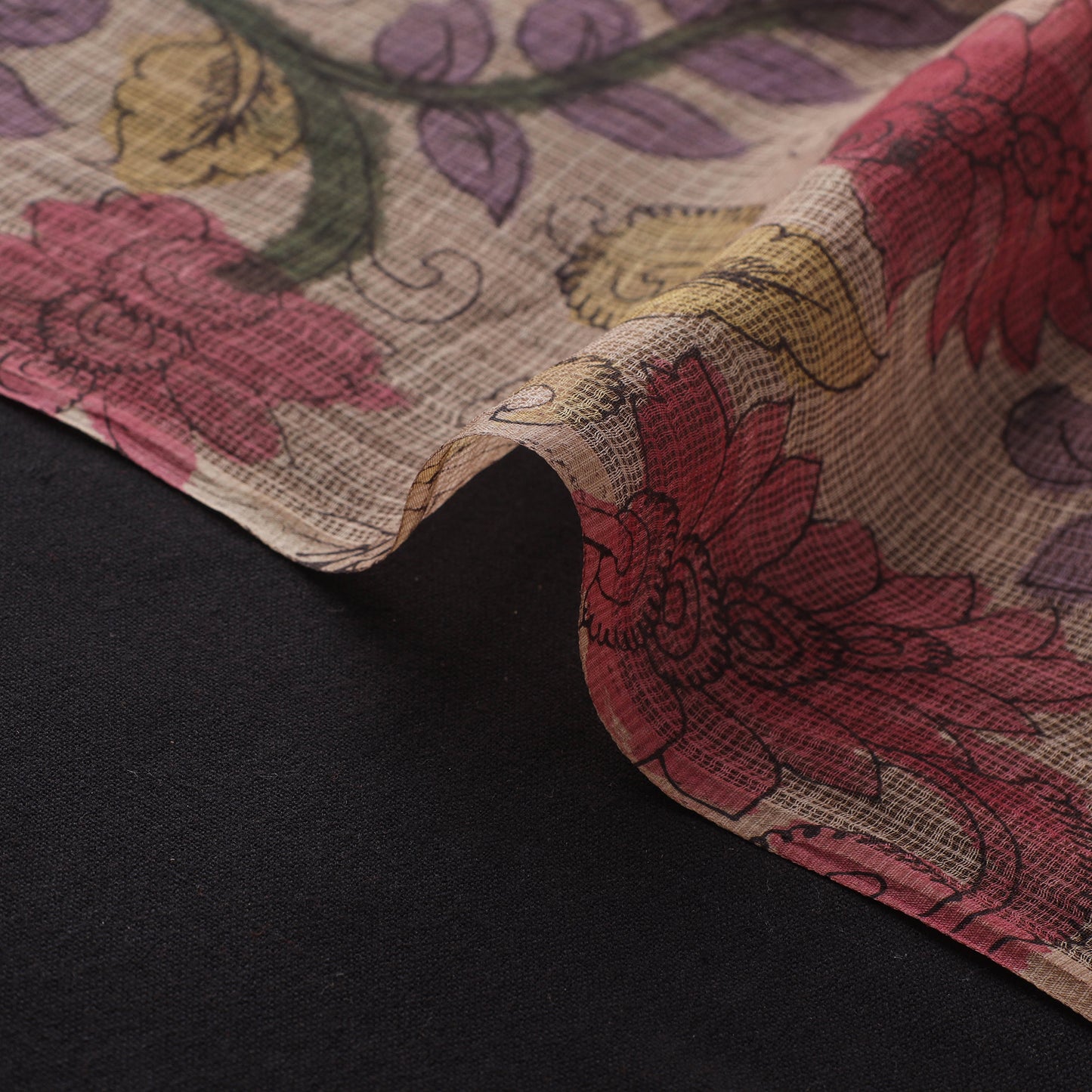 Beige - Srikalahasti Pen Work Natural Dyed Handpainted Kalamkari Kota Doria Silk Fabric 02