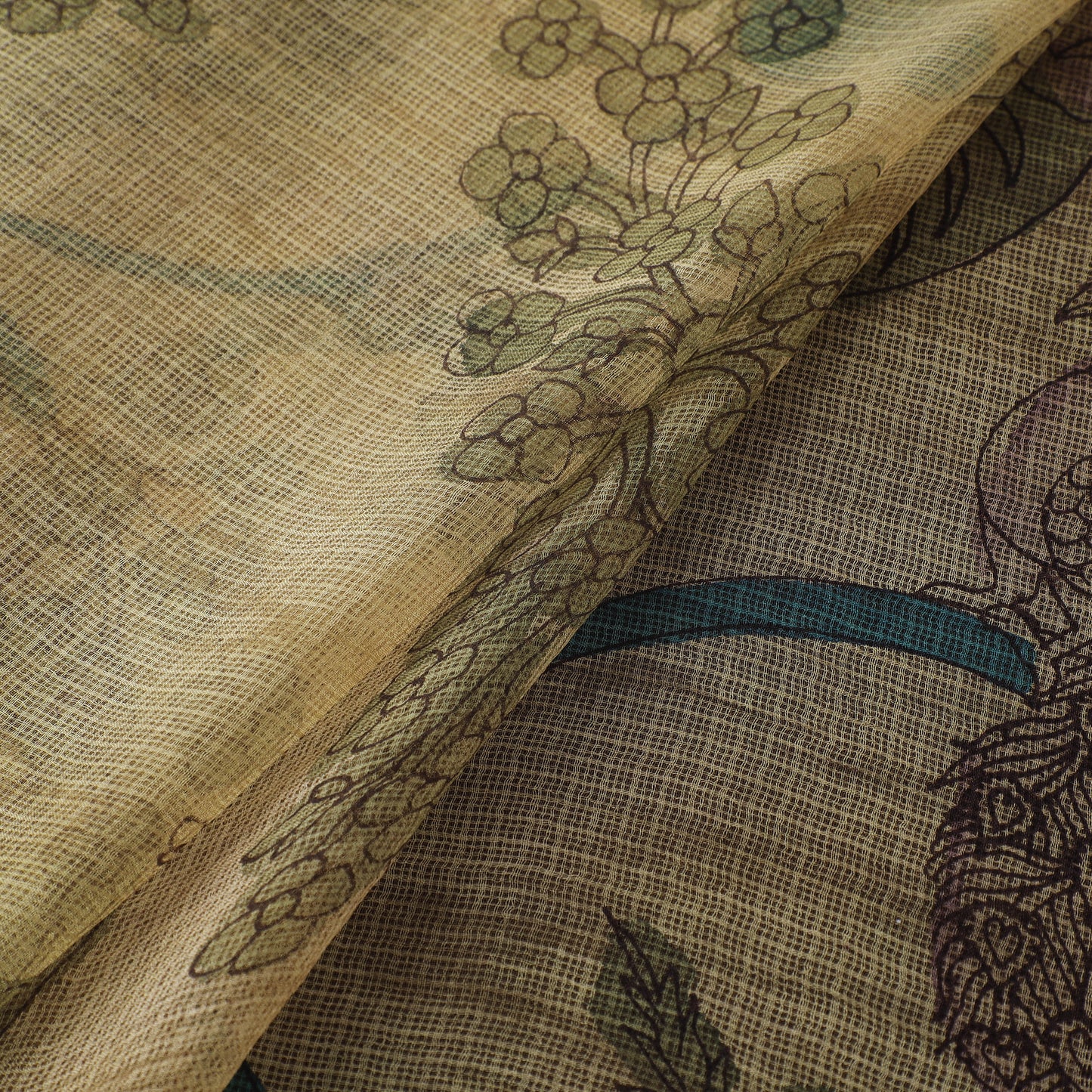 Yellow - Srikalahasti Pen Work Natural Dyed Handpainted Kalamkari Kota Doria Silk Fabric 03