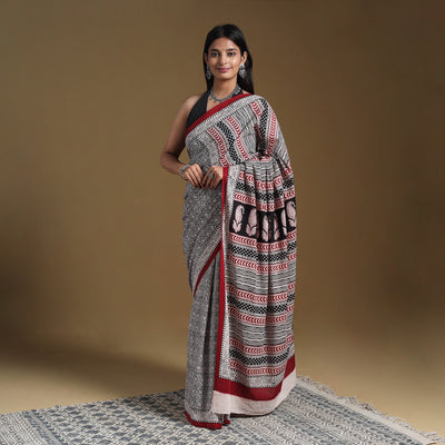 Grey Block Print Natural Dyed Cotton Bagh Saree