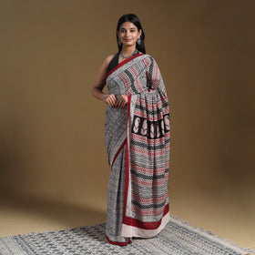 Grey Block Print Natural Dyed Cotton Bagh Saree