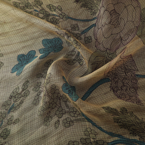 Yellow - Srikalahasti Pen Work Natural Dyed Handpainted Kalamkari Kota Doria Silk Fabric 03