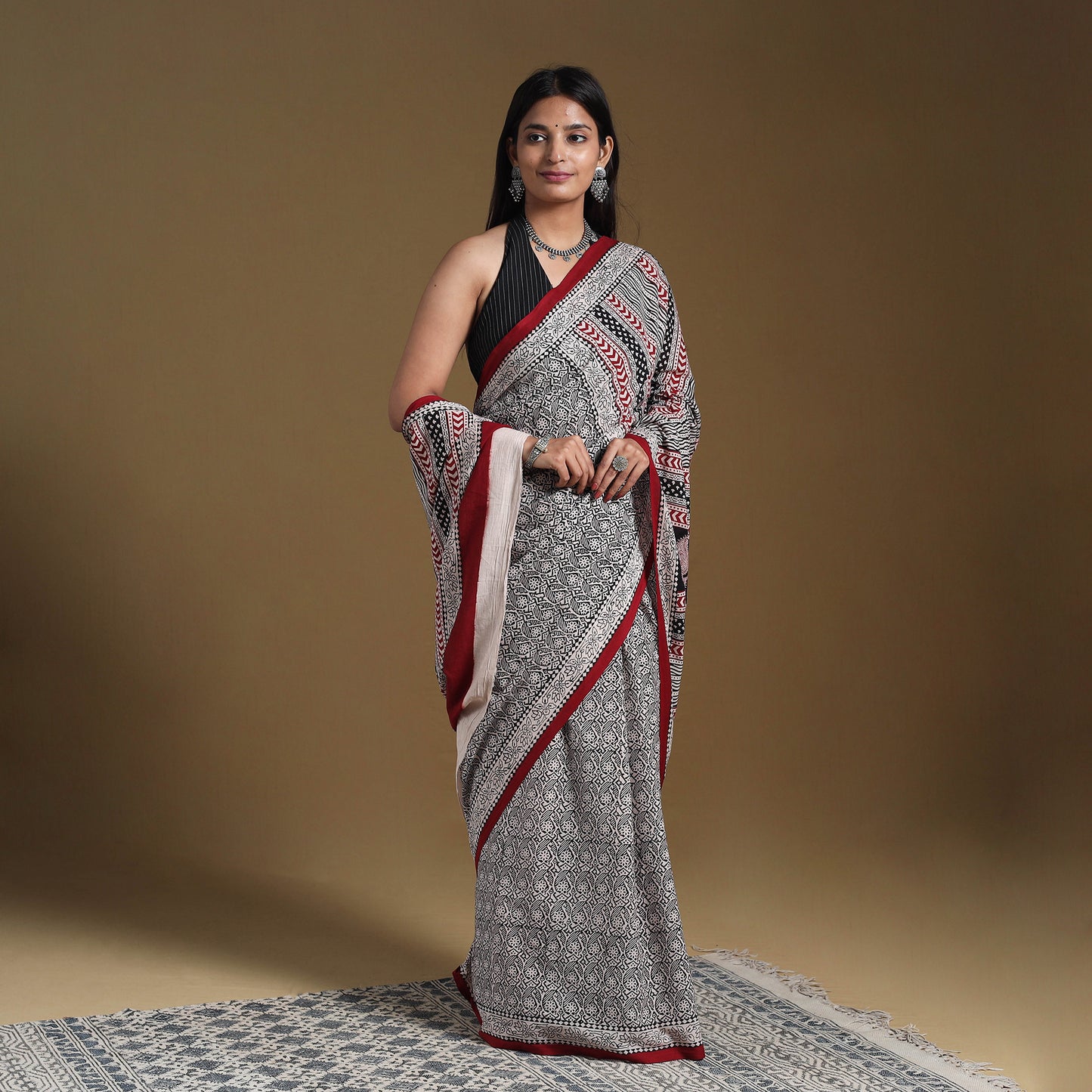 Grey Block Print Natural Dyed Cotton Bagh Saree
