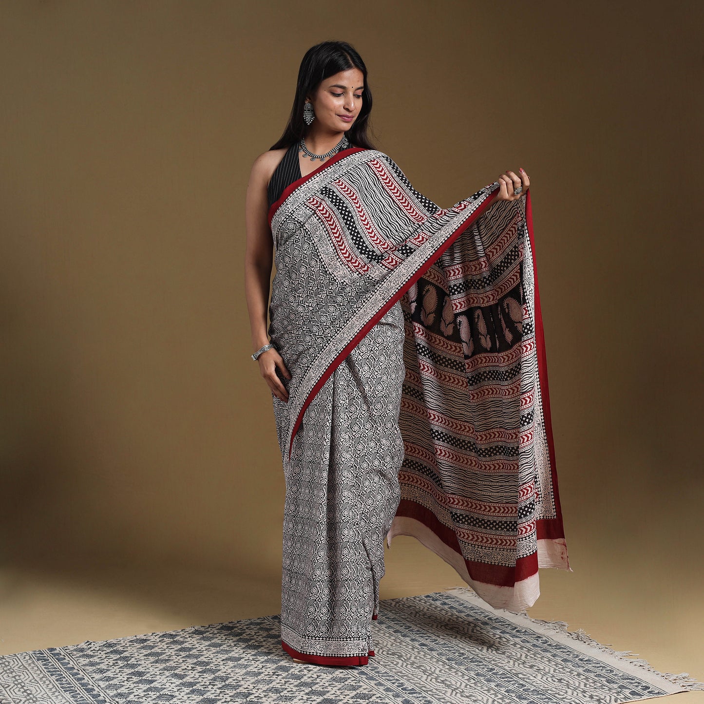 Grey Block Print Natural Dyed Cotton Bagh Saree