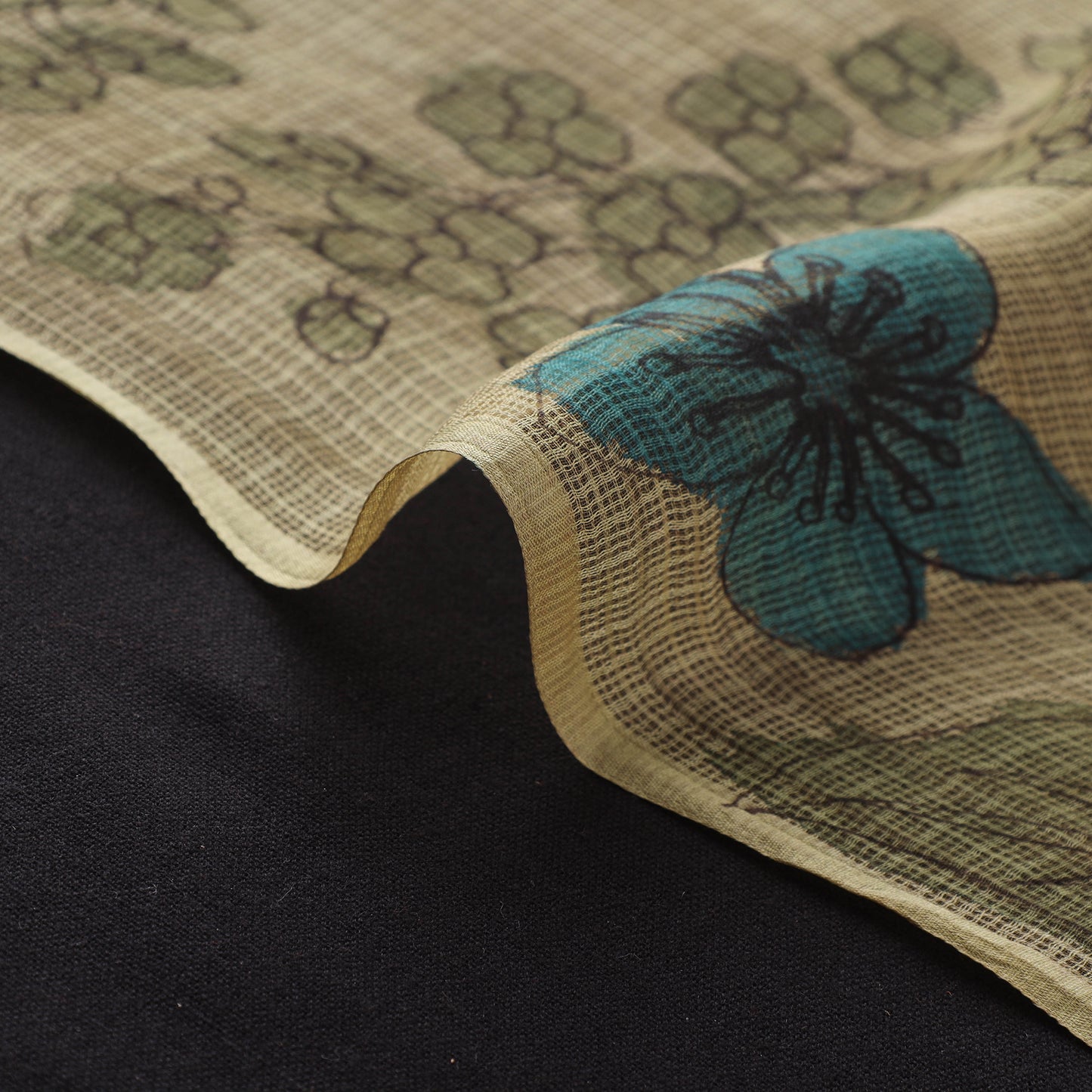 Yellow - Srikalahasti Pen Work Natural Dyed Handpainted Kalamkari Kota Doria Silk Fabric 03