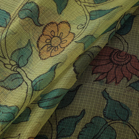 Yellow - Srikalahasti Pen Work Natural Dyed Handpainted Kalamkari Kota Doria Silk Fabric 04