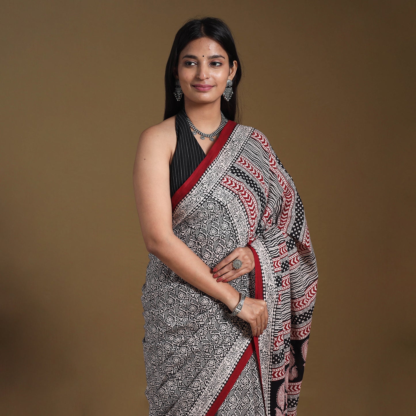 Grey Block Print Natural Dyed Cotton Bagh Saree