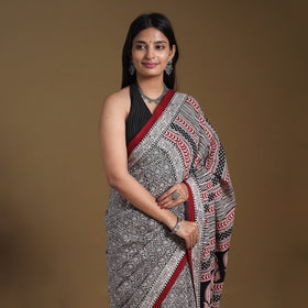Grey Block Print Natural Dyed Cotton Bagh Saree