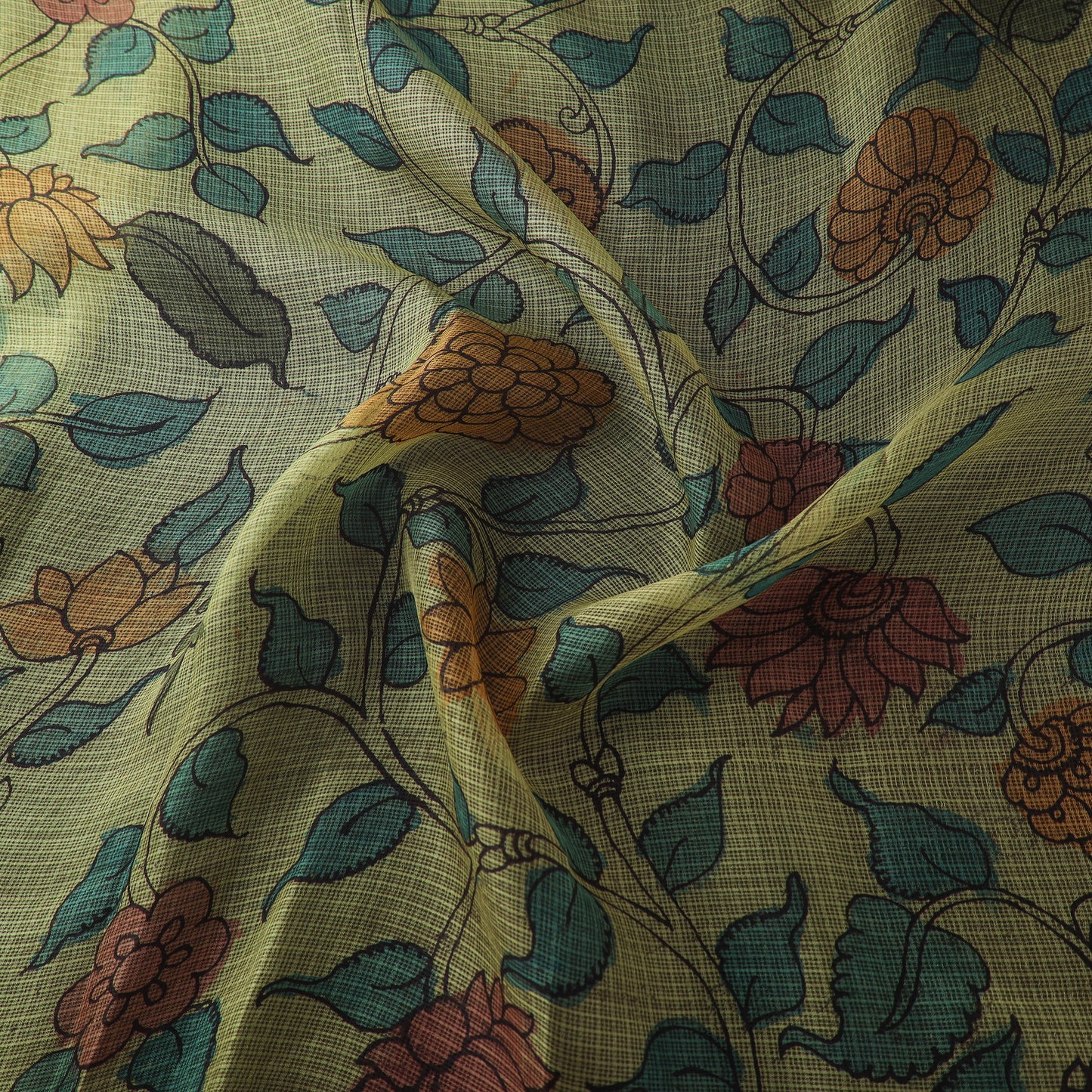 Yellow - Srikalahasti Pen Work Natural Dyed Handpainted Kalamkari Kota Doria Silk Fabric 04