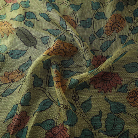 Yellow - Srikalahasti Pen Work Natural Dyed Handpainted Kalamkari Kota Doria Silk Fabric 04