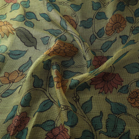 Yellow - Srikalahasti Pen Work Natural Dyed Handpainted Kalamkari Kota Doria Silk Fabric 04