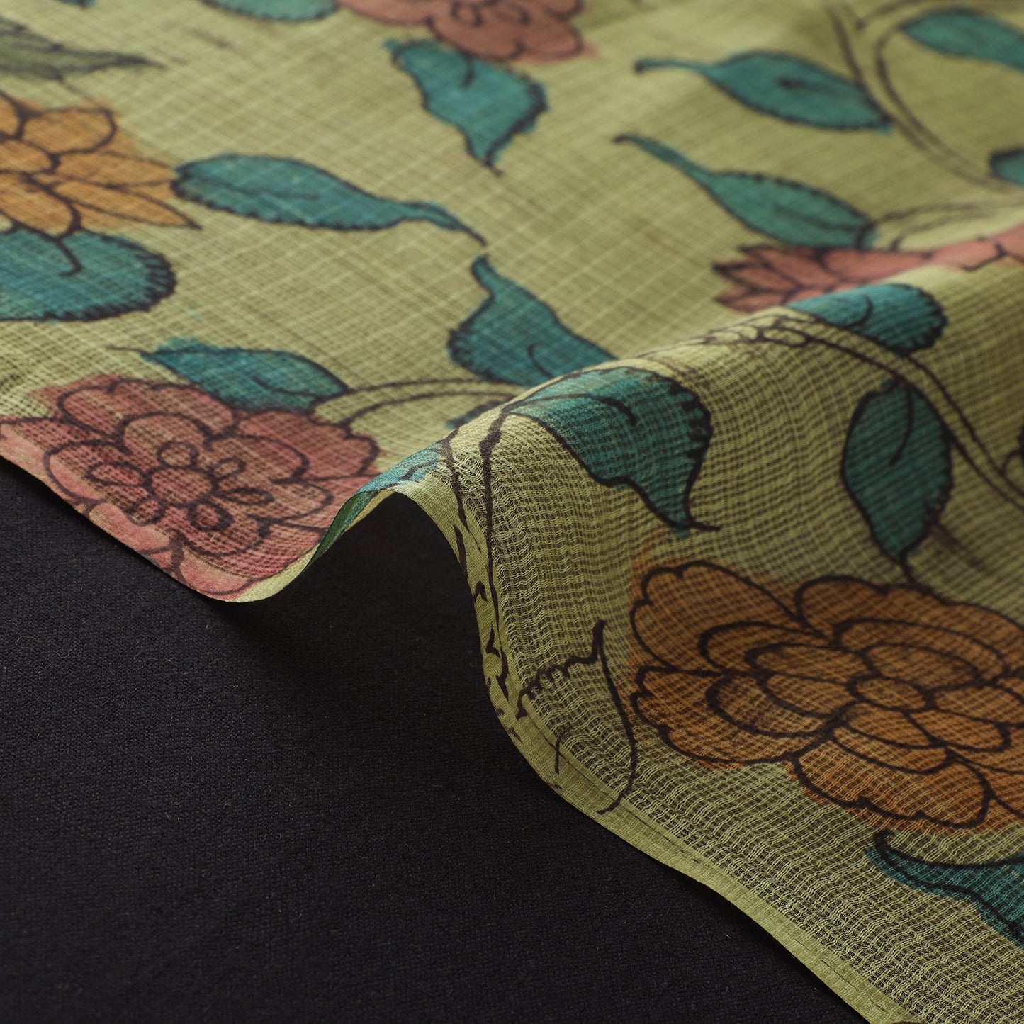 Yellow - Srikalahasti Pen Work Natural Dyed Handpainted Kalamkari Kota Doria Silk Fabric 04