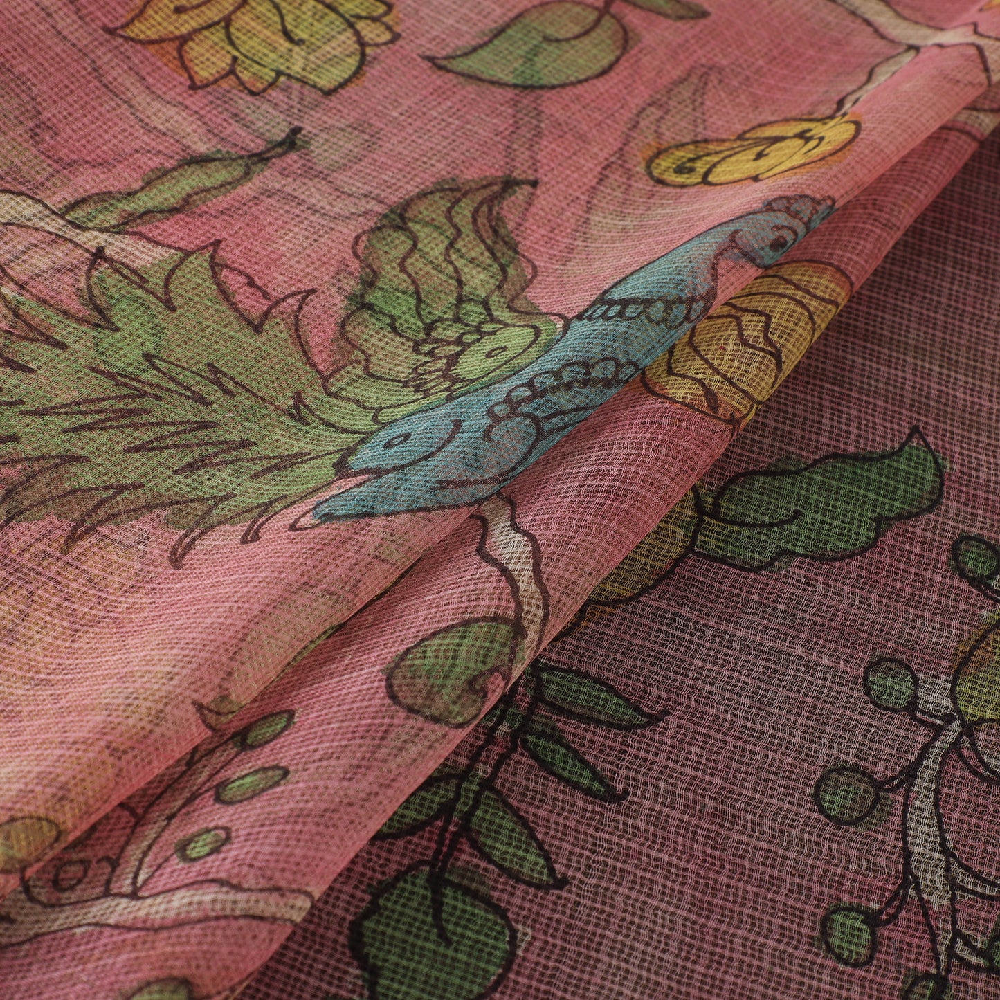 Pink - Srikalahasti Pen Work Natural Dyed Handpainted Kalamkari Kota Doria Silk Fabric 05