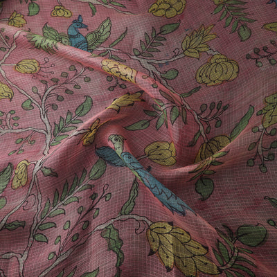 Pink - Srikalahasti Pen Work Natural Dyed Handpainted Kalamkari Kota Doria Silk Fabric 05