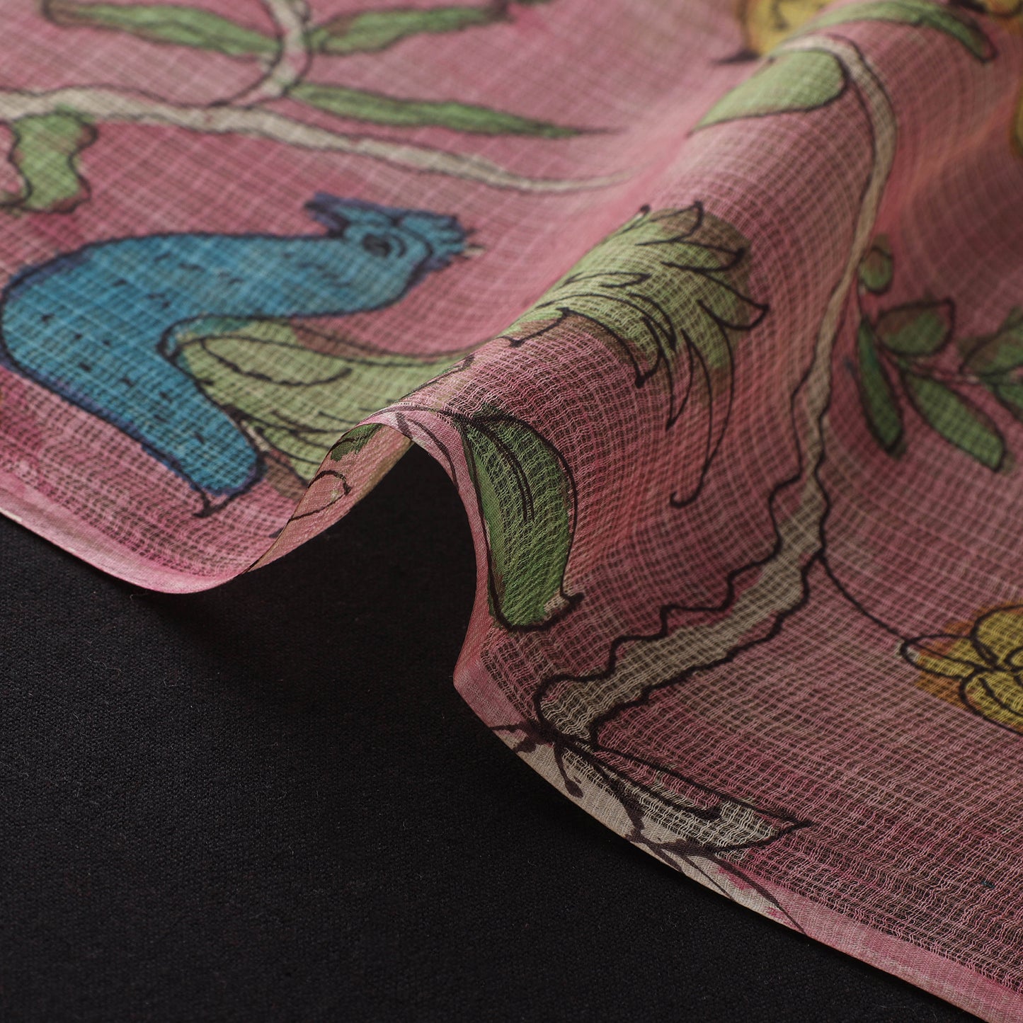 Pink - Srikalahasti Pen Work Natural Dyed Handpainted Kalamkari Kota Doria Silk Fabric 05