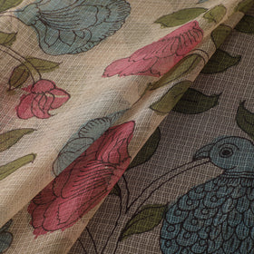 Beige - Srikalahasti Pen Work Natural Dyed Handpainted Kalamkari Kota Doria Silk Fabric 06