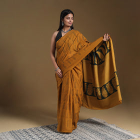 Orange Block Print Natural Dyed Cotton Bagh Saree
