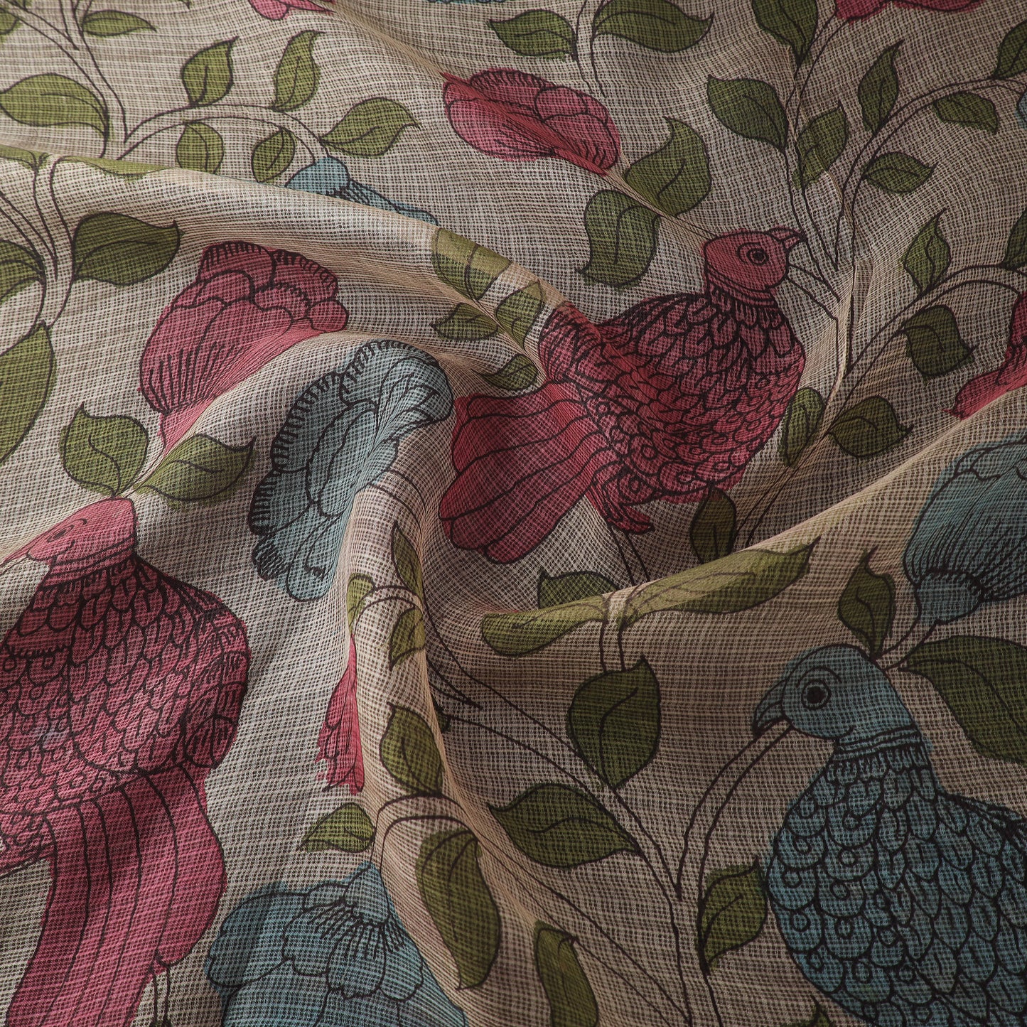 Beige - Srikalahasti Pen Work Natural Dyed Handpainted Kalamkari Kota Doria Silk Fabric 06