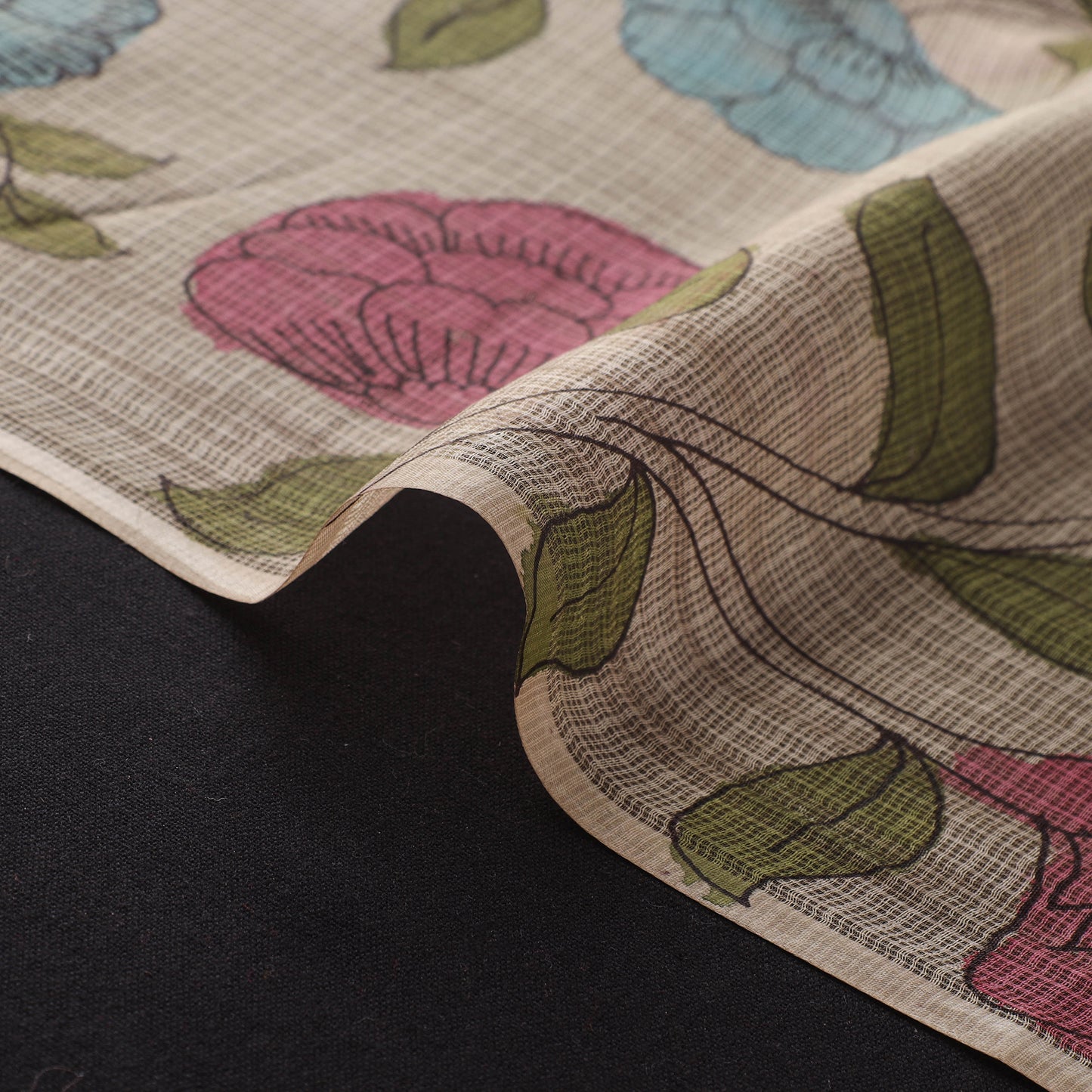 Beige - Srikalahasti Pen Work Natural Dyed Handpainted Kalamkari Kota Doria Silk Fabric 06