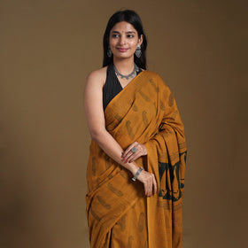 Orange Block Print Natural Dyed Cotton Bagh Saree